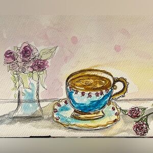 Original hand, painted watercolor, flower, teacup, colorful wall art